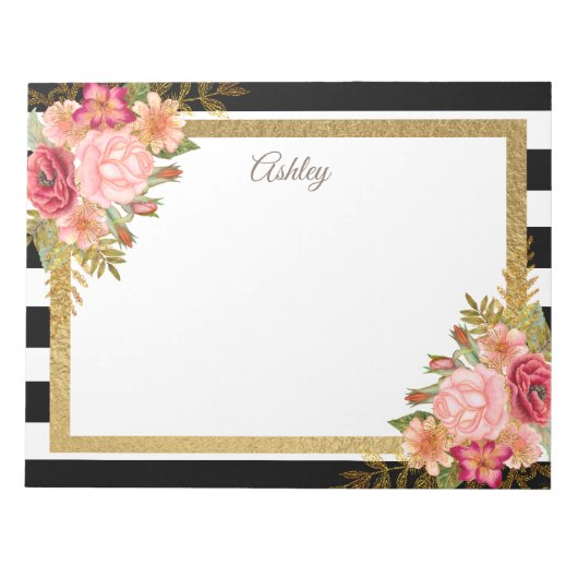 Aangepaste zwarte witte strepen Roze gouden Floral Notitieblok (Voorkant)
