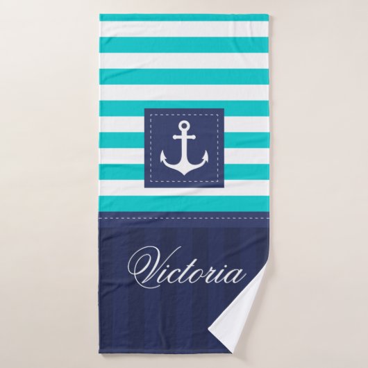 Aangepersonaliseerd modern blauw zeeanker badhanddoek (Badhanddoek)