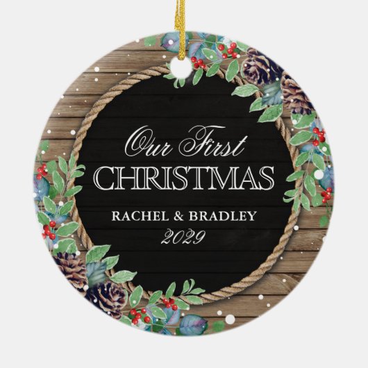 Aangepersonaliseerde bijtste kerstwinter keramisch ornament (Achterkant)