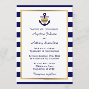Aangepersonaliseerde classy Nautical Gold Navy Wed Kaart