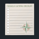 Aangepersonaliseerde Compass Hiking Summer Camp Ch Notitieblok<br><div class="desc">Het ontwerp van het notitieblok kenmerkt een originele tellersillustratie van een groene en beige kompas. Pas uw informatie eenvoudig aan voor een leuke checklist voor kamperen. Zie je niet wat je zoekt? Hulp nodig bij aanpassingen? Neem contact op met Rebecca om iets voor je te ontwerpen.</div>