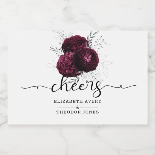 Aangepersonaliseerde Floral Burgundy Wedding Sparkling Wijnetiket (Enkel label)