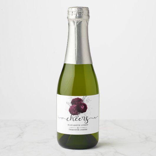 Aangepersonaliseerde Floral Burgundy Wedding Sparkling Wijnetiket (Voorkant)