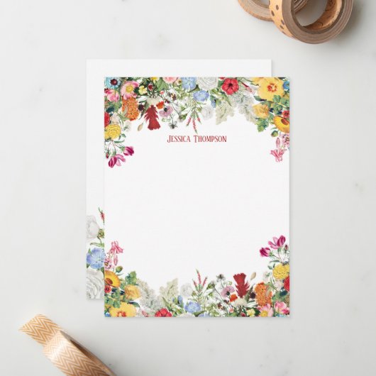 Aangepersonaliseerde Floral Garden Colorful Flower Notitiekaartje (Voorkant / Achterkant in situ)