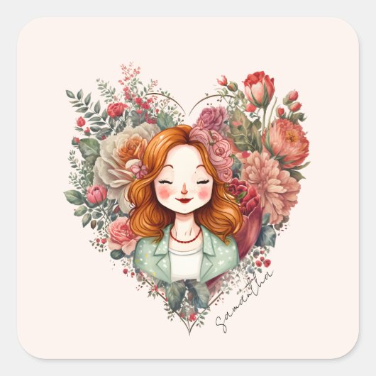 Aangepersonaliseerde Floral  Lady Vierkante Sticker (Voorkant)