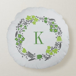 Aangepersonaliseerde Floral Wreath Monogram Green  Rond Kussen