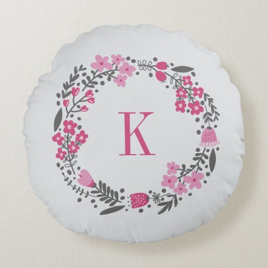 Aangepersonaliseerde Floral Wreath Monogram roze g Rond Kussen (Voorkant)