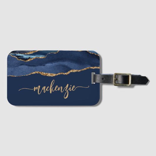 Aangepersonaliseerde handtekening Navy Blue Gold A Bagagelabel (Voorkant (horizontaal))