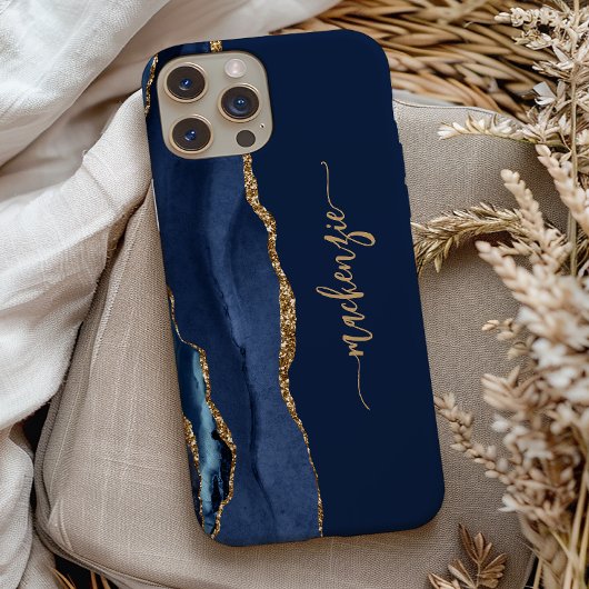 Aangepersonaliseerde handtekening Navy Blue Gold A Case-Mate iPhone Case