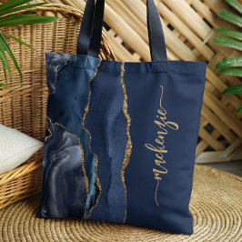 Aangepersonaliseerde handtekening Navy Blue Gold A Tote Bag