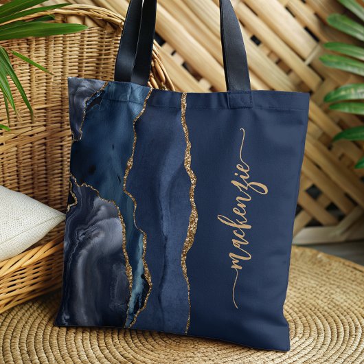 Aangepersonaliseerde handtekening Navy Blue Gold A Tote Bag