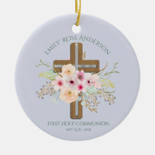 Aangepersonaliseerde Heilige Communie Floral Cross Keramisch Ornament