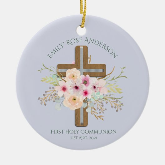 Aangepersonaliseerde Heilige Communie Floral Cross Keramisch Ornament (Voorkant)