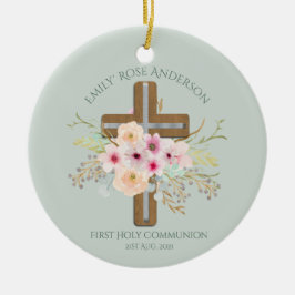 Aangepersonaliseerde Heilige Communie Floral Cross Keramisch Ornament