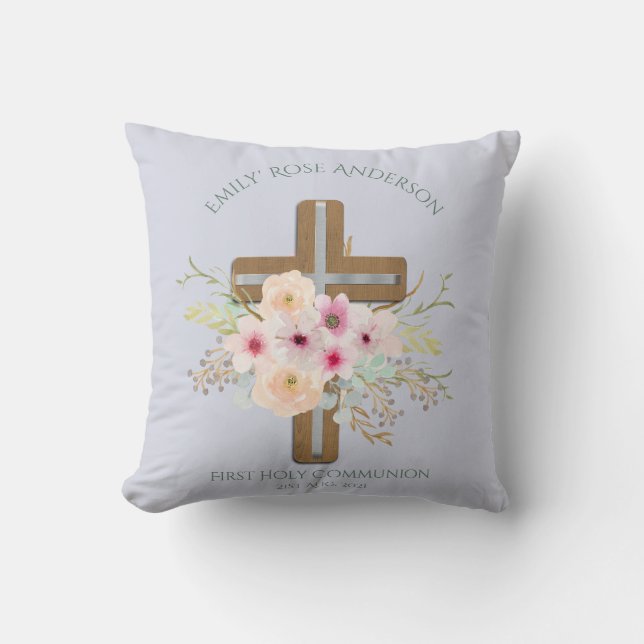 Aangepersonaliseerde Heilige Communie Floral Cross Kussen (Voorkant)
