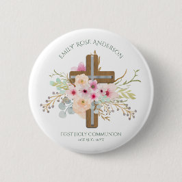 Aangepersonaliseerde Heilige Communie Floral Cross Ronde Button 5,7 Cm