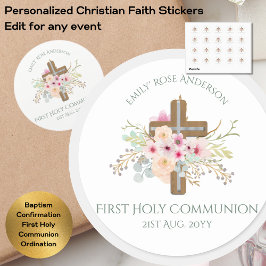 Aangepersonaliseerde Heilige Communie Floral Cross Ronde Sticker