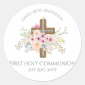 Aangepersonaliseerde Heilige Communie Floral Cross Ronde Sticker (Voorkant)
