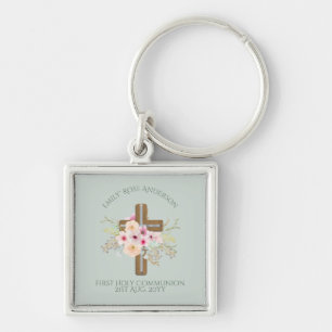 Aangepersonaliseerde Heilige Communie Floral Cross Sleutelhanger