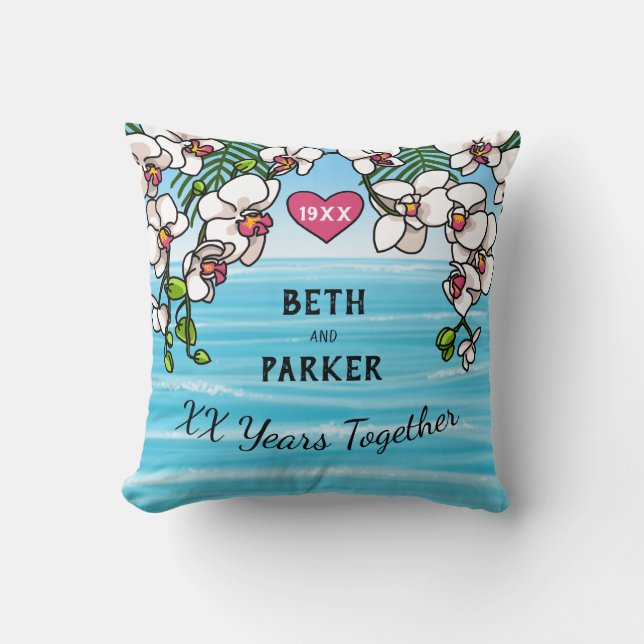 Aangepersonaliseerde Jubileum Tropische Beach Orch Kussen (Voorkant)