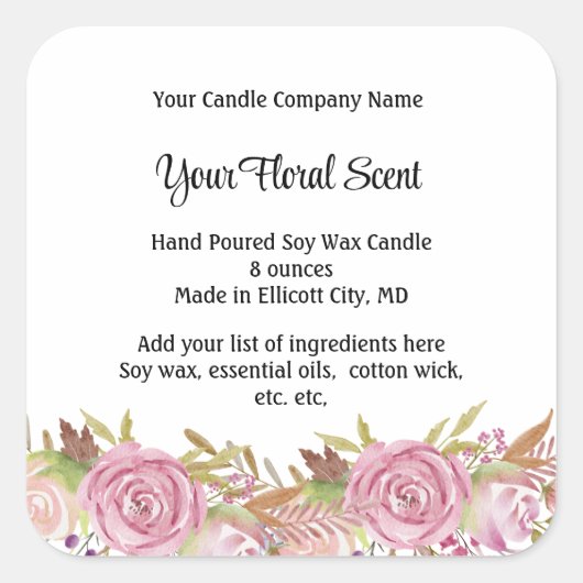 Aangepersonaliseerde kaarsetiketten Floral Scent R Vierkante Sticker (Voorkant)