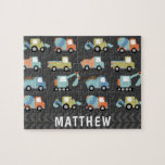Aangepersonaliseerde kofferbouwwagens legpuzzel<br><div class="desc">Cute Construction Trucks Personalized Puzzle</div>
