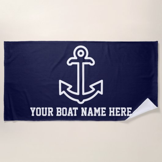 Aangepersonaliseerde marinehanddoek met blauw boot strandlaken (Voorkant)