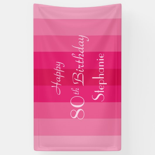 Aangepersonaliseerde naam 80e verjaardag Roze stri Spandoek (Verticaal)