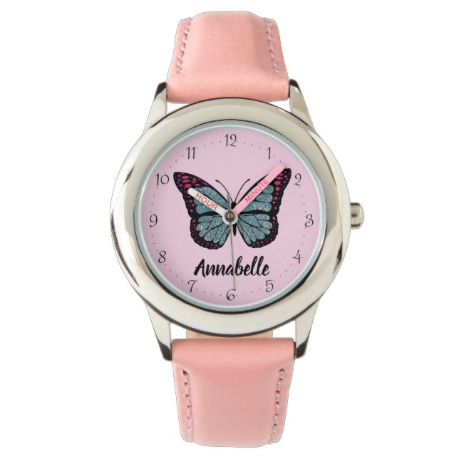 Aangepersonaliseerde naam Glitter Butterfly roze K Horloge (Voorkant)