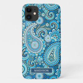 Aangepersonaliseerde naam modern Blue Paisley Patt Case-Mate iPhone Case
