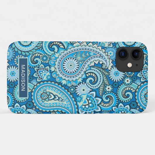 Aangepersonaliseerde naam modern Blue Paisley Patt Case-Mate iPhone Case (Achterkant (horizontaal))