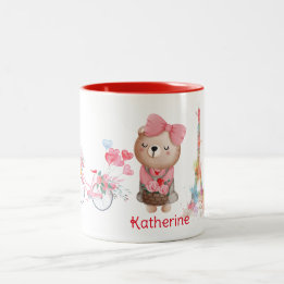 Aangepersonaliseerde naam voor Cute Beer Cycle Eif Tweekleurige Koffiemok