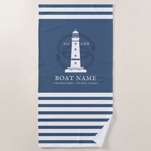 Aangepersonaliseerde Nautical Lighthouse Boat Name Strandlaken (Voorkant)