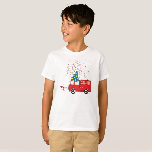 Aangepersonaliseerde 'Red Fire Truck Birthday'-par T-shirt (Voorkant volledig)