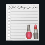 Aangepersonaliseerde Rode Lipstick Nail Pools om l Notitieblok<br><div class="desc">Het ontwerp van het notitiepad in lijststijl is voorzien van een originele markeringsafbeelding van een buis van rode lippenstift en een fles van rood nagellak. Ideaal voor elke fashionista of make-up enthousiast. Pas je aan met je informatie. Er zijn ook veel extra geïllustreerde notitieblokken beschikbaar in deze winkel. Dit ontwerp...</div>