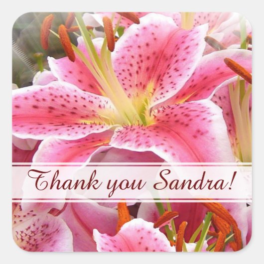 Aangepersonaliseerde Stargazer Lilies Dank u Vierkante Sticker (Voorkant)