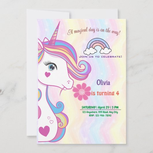 Aangepersonaliseerde Unicorn Birthday Uitnodiging  (Voorkant)