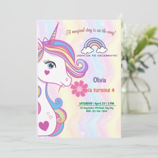 Aangepersonaliseerde Unicorn Birthday Uitnodiging  (Staand voorkant)