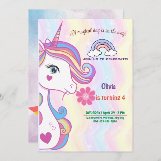 Aangepersonaliseerde Unicorn Birthday Uitnodiging  (Voorkant / Achterkant)