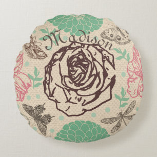 Aangepersonaliseerde Vintage Floral Roos Garden Rond Kussen