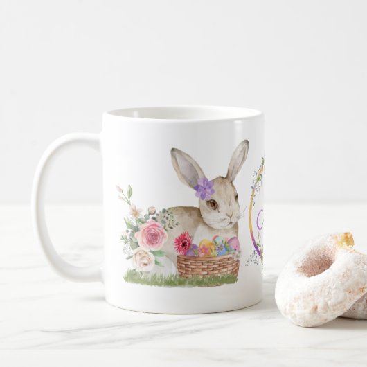 Aangepersonaliseerde Waterverf Floral Easter Bunny Koffiemok (Met donut)