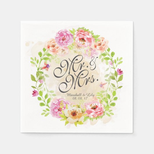 Aangepersonaliseerde Waterverf Floral Wedding | Na Servet (Voorkant)
