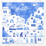 Aangepersonaliseerde Waterverf Santorini Poster<br><div class="desc">Waterverf blauw en witte tuinschilderij op het Griekse eiland Santorini,  gebaseerd op Oia. Originele kunst van Nic Squirrell. Verander de naam om te personaliseren.</div>