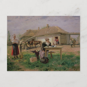 Aankomst van een schoolmeesteres in de briefkaart