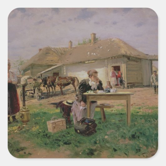 Aankomst van een schoolmeesteres in de vierkante sticker (Voorkant)