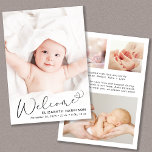 Aankondiging aanhef geboorte van de moderne welkom<br><div class="desc">Een moderne kaart om de geboorte van je baby aan te kondigen,  met zijn of haar foto,  overladen met "Welkom",  geschreven in een stijlvol script met een hartwas. Hieronder zijn naam,  geboortedatum en geboortestaat. Voor de rug,  voeg drie extra afbeeldingen en een gepersonaliseerd bericht toe.</div>