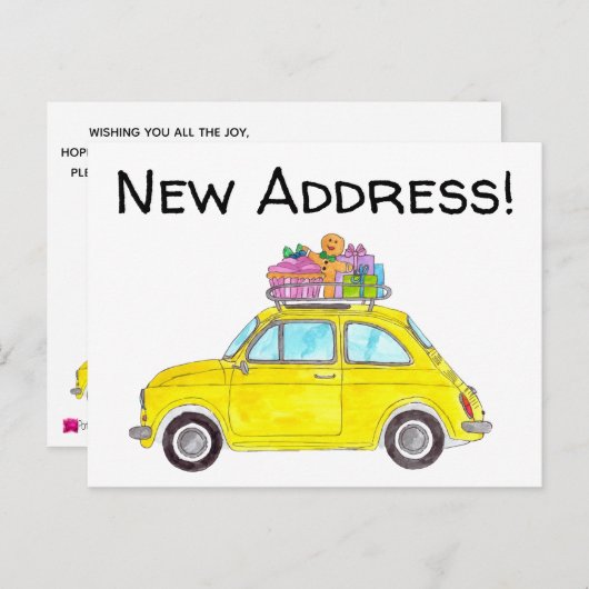 Aankondiging Adres Gele Retro Fiat 500 Briefkaart (Voorkant / Achterkant)