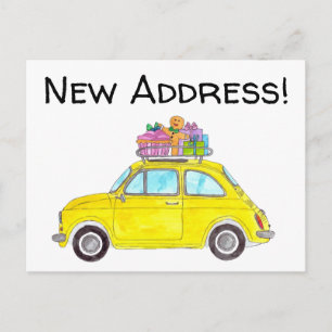 Aankondiging Adres Gele Retro Fiat 500 Briefkaart