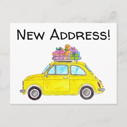 Aankondiging Adres Gele Retro Fiat 500 Briefkaart (Voorkant)