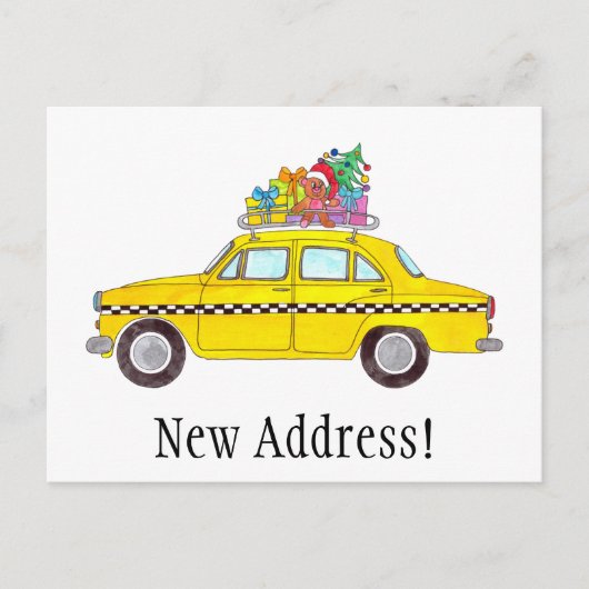 Aankondiging Adres Gele Taxi Kerst Geschenken Briefkaart (Voorkant)